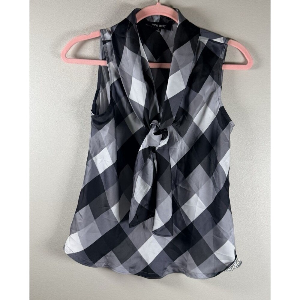 Nine West Womens Black Gray White Plaid Chiffon Tie Neck V-Neck Blouse - S